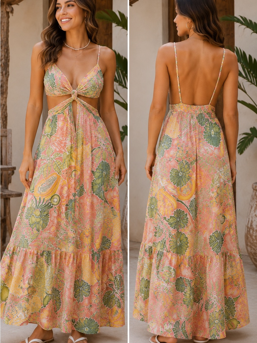 Kenny Flowers Pink, Yellow and Green Tropical Tie-Front Maxi Dress
